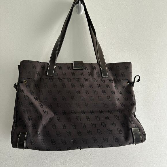 VTG Dooney & Bourke Y2K Black Large Shoulder Tote Signature Logo Leather Trim - Picture 2 of 9